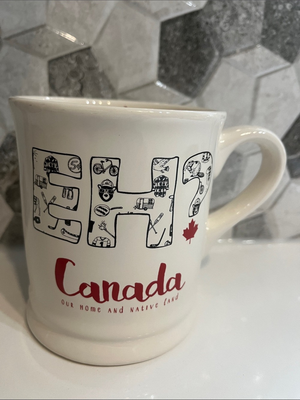 Rae Dunn Canada White Ceramic 'EH?' Coffee Mug with Red Accent